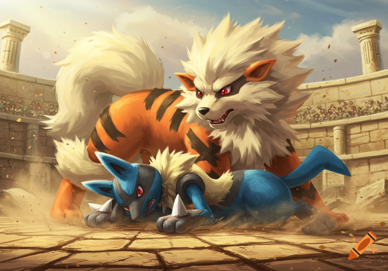 Arcanine stands triumphantly over a defeated Lucario in a dusty arena with a crowd in the background, digital art style.