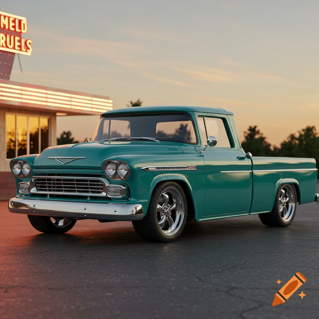 Photorealistic image of a teal 1950s Chevy pickup truck parked at sunset in front of a retro diner.