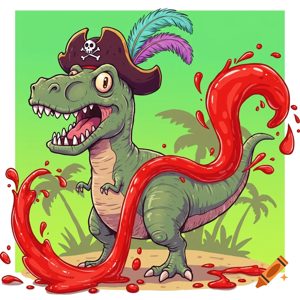 A brightly colored cartoon T-Rex wearing a pirate hat, with red ketchup spewing from its rear, against a tropical background.