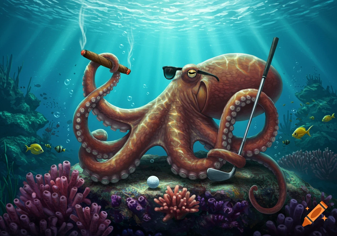 An anthropomorphic octopus wearing sunglasses, holding a lit cigar and a golf club, sits on a coral reef underwater with a golf ball nearby. Sunrays pierce the blue water.