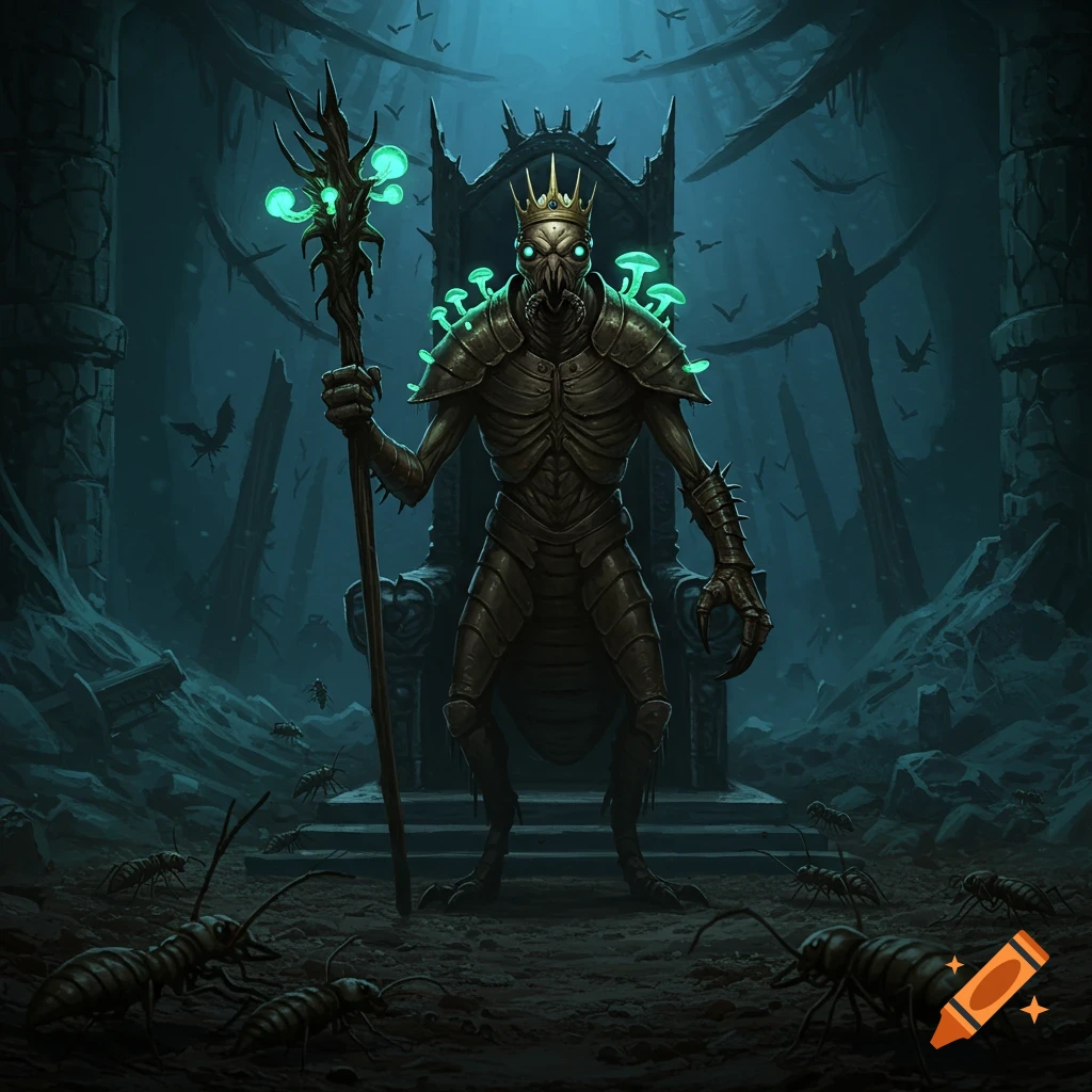 A dark fantasy illustration of a termite-like king with glowing mushrooms on its back, wearing a crown and holding a staff, sitting on a throne in a ruin filled with crawling insects.