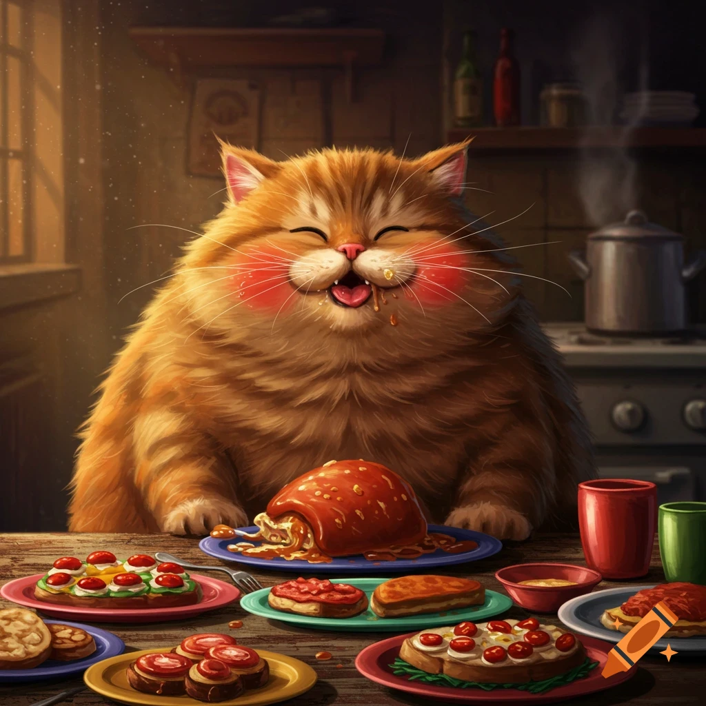 A fluffy orange cat with sauce dripping from its mouth, eyes closed in happiness, sits at a wooden table laden with various dishes of food in a cozy kitchen.