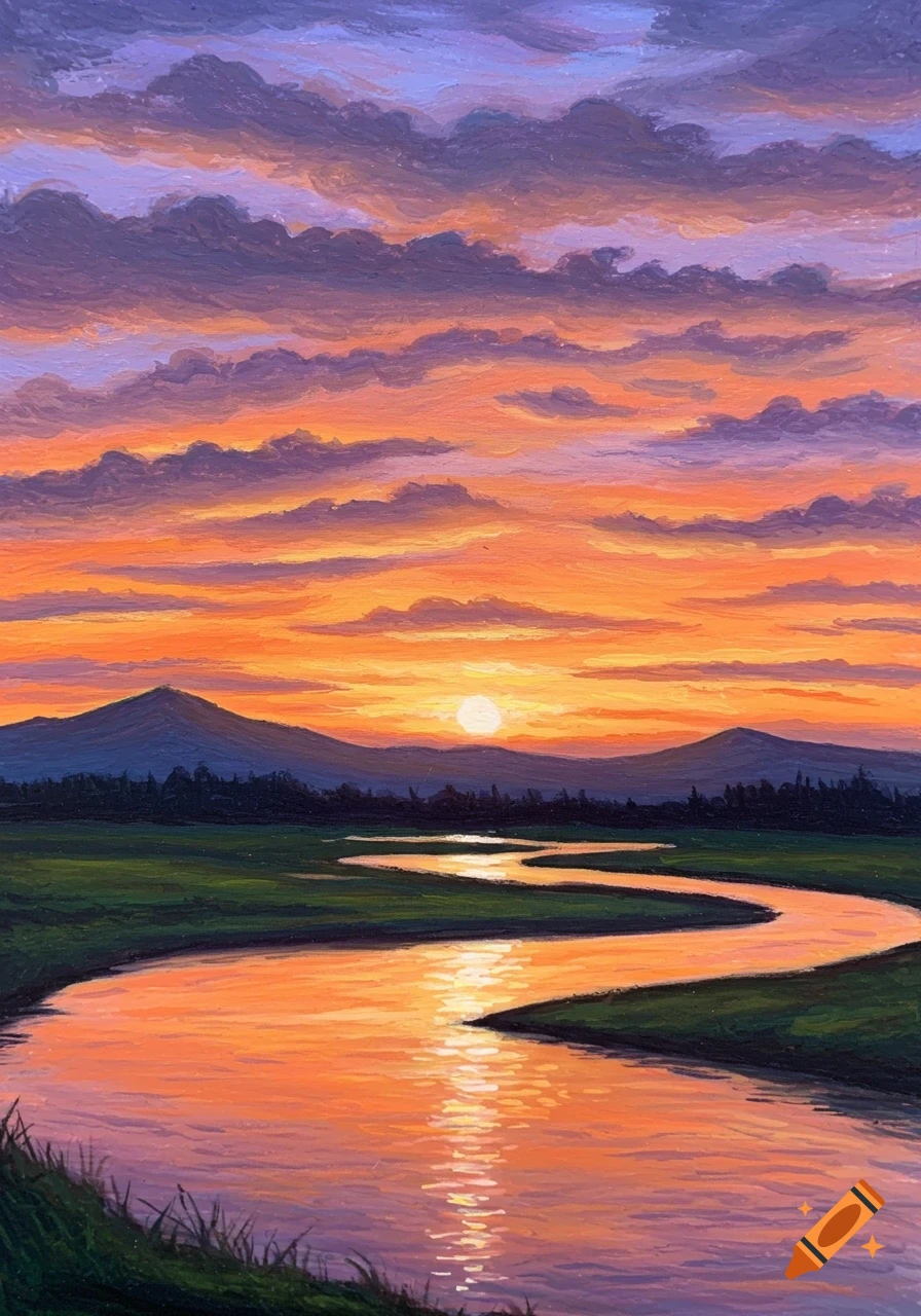 Impressionist painting of a vibrant sunset over a winding river, with mountains in the distance, in soft crayon pastels.