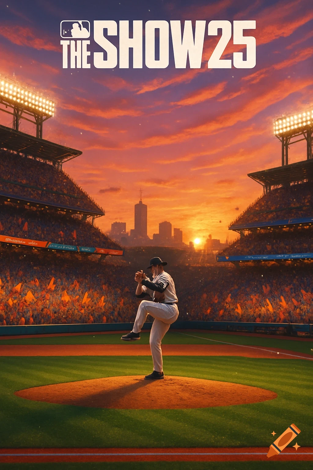 A baseball pitcher on a mound in a stadium at sunset, with 'MLB THE SHOW 25' at the top. Photorealistic style.