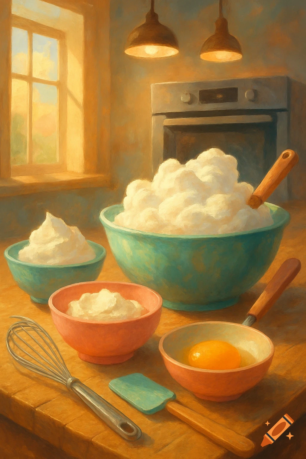 A painterly kitchen scene with baking ingredients, including bowls of whipped egg whites, an egg yolk, a whisk, and a spatula on a wooden counter near a window and oven.