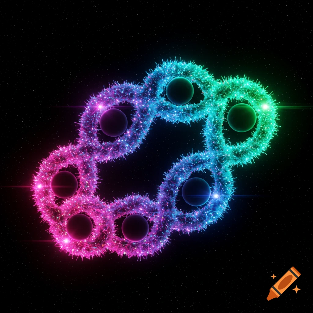 A vibrant, abstract, intertwined structure of spiky, colorful lights (pink, blue, green) and dark spheres in a starry space.