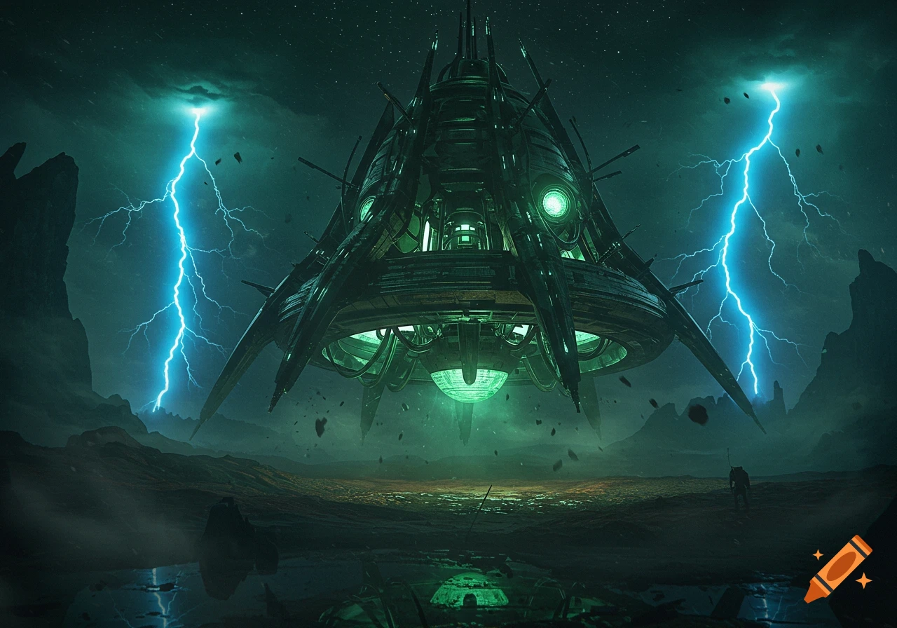 A large, dark metallic alien spaceship hovers over a desolate, stormy landscape with green lighting and bright blue lightning bolts.