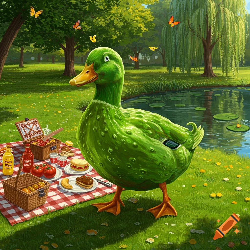 A large green pickle-textured duck stands in a sunny park next to a picnic blanket with food and drinks near a pond.