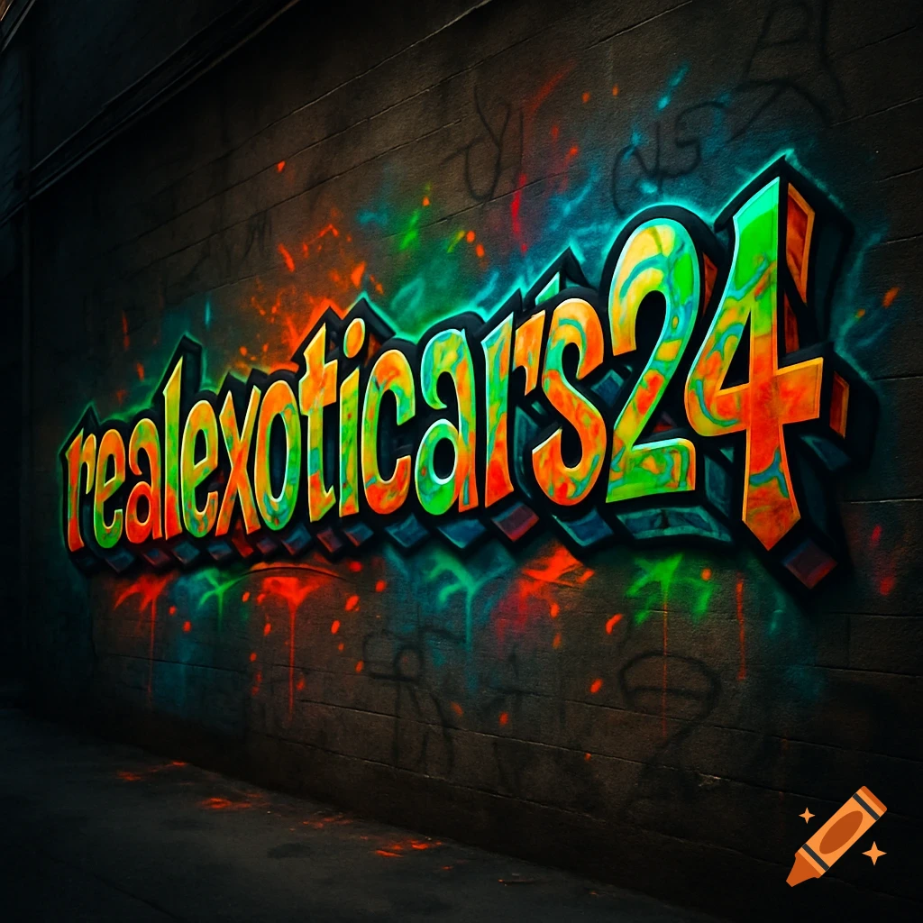 Colorful graffiti art spelling 'realexoticcars24' on a dark brick wall with glowing paint splatters.