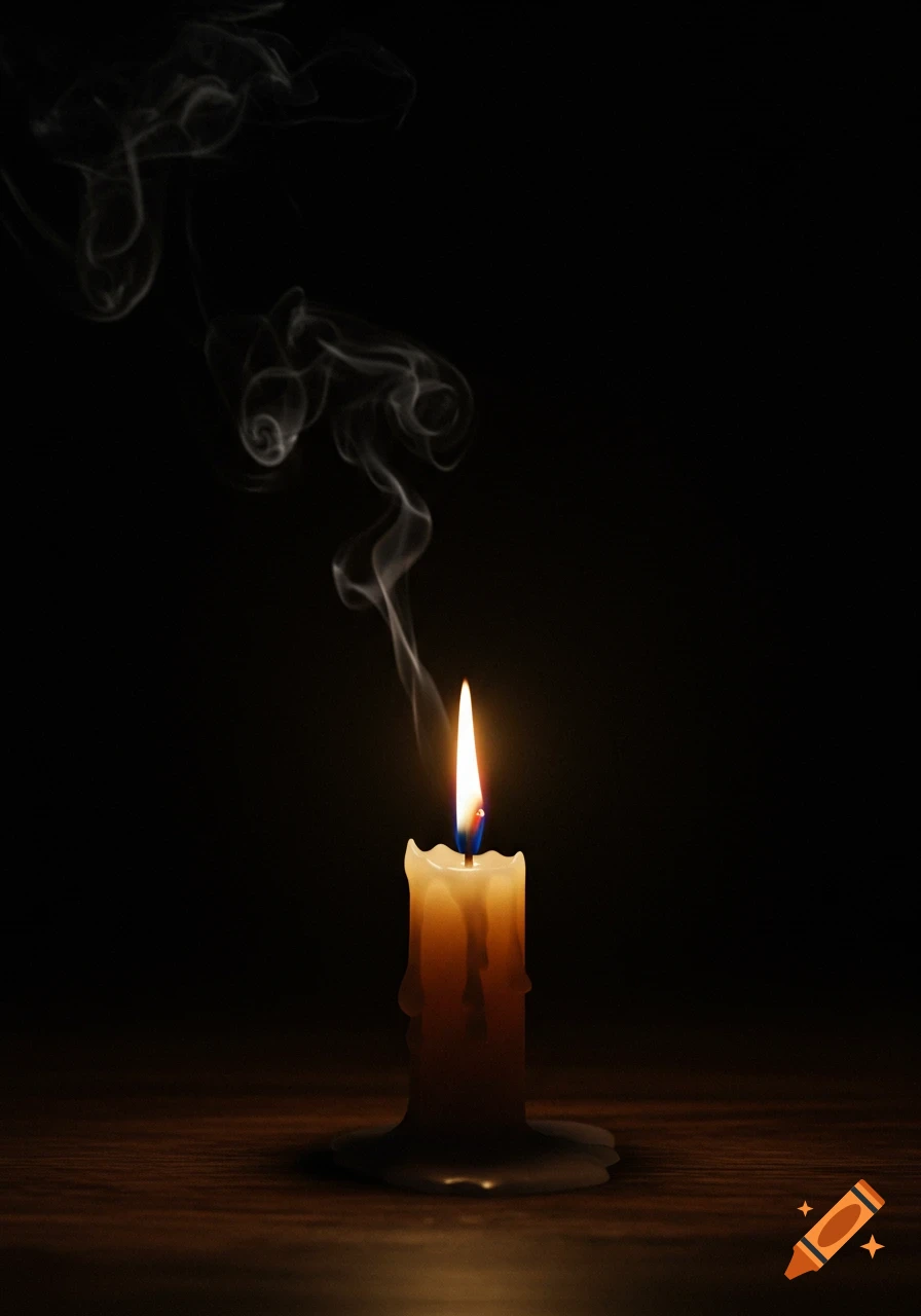 A single burning candle on a dark background with smoke rising.