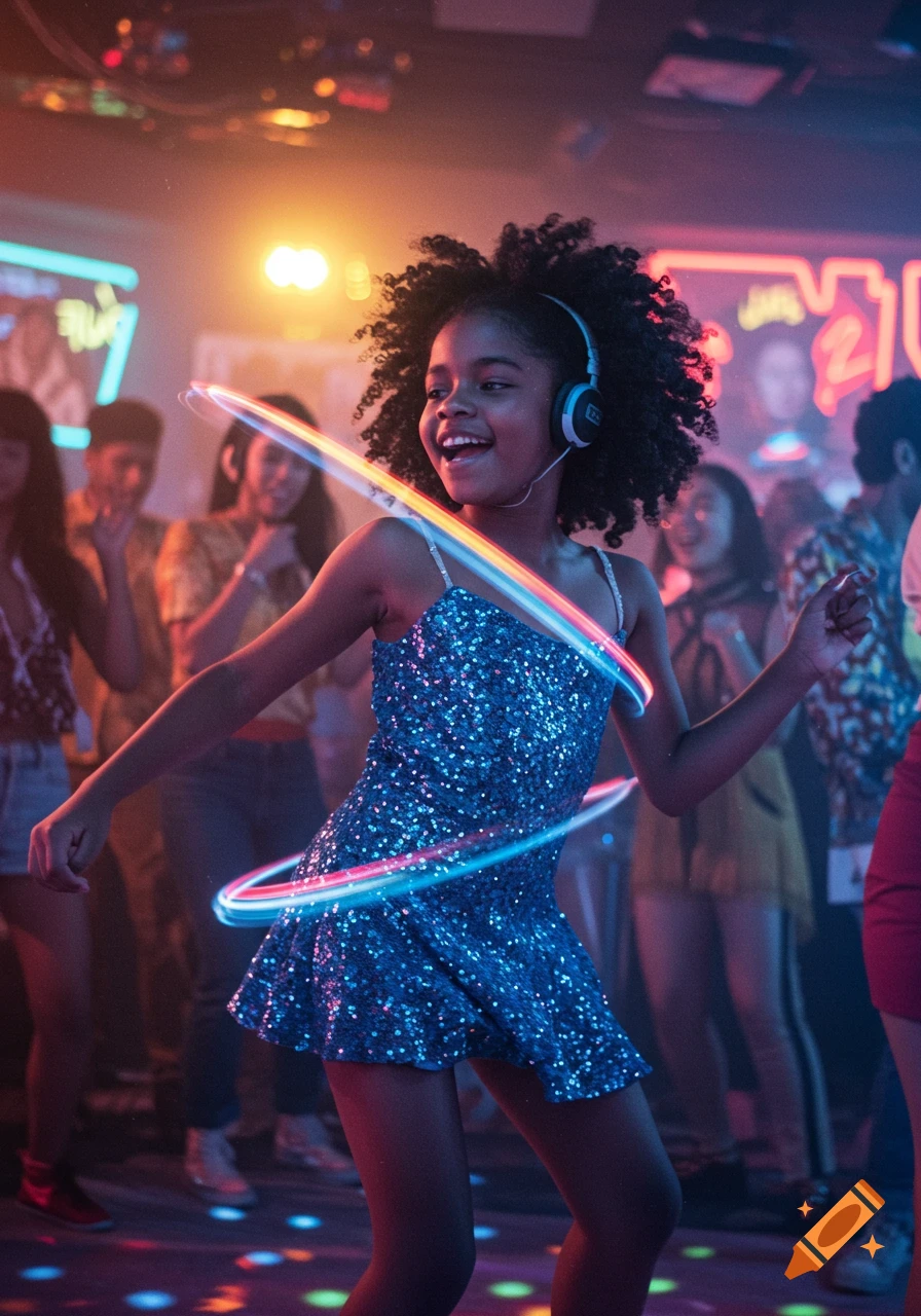 A smiling Black girl with headphones dances at a party, wearing a blue sequined dress with a glowing light trail.