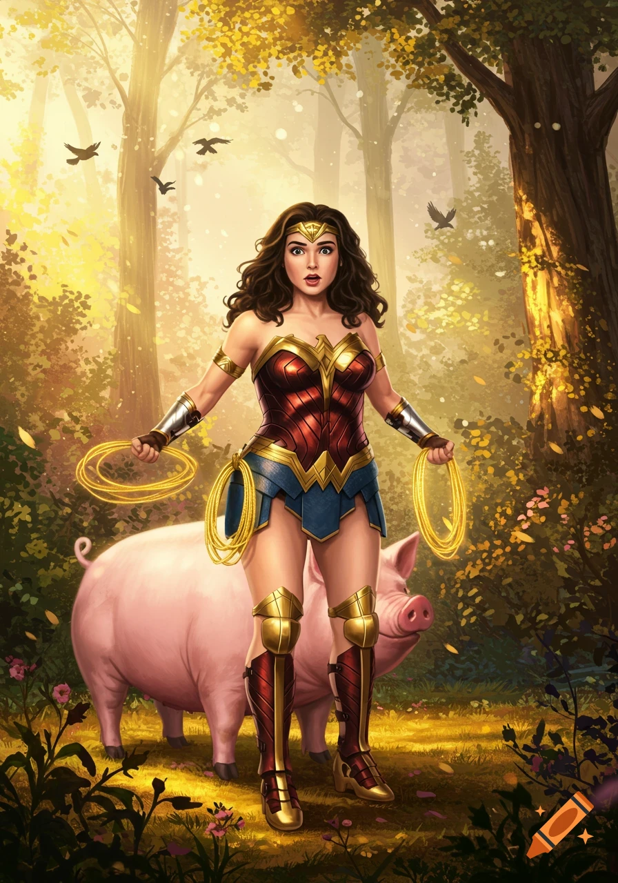Wonder Woman, holding her golden lasso, looks surprised standing next to a pink pig in a sunlit forest.