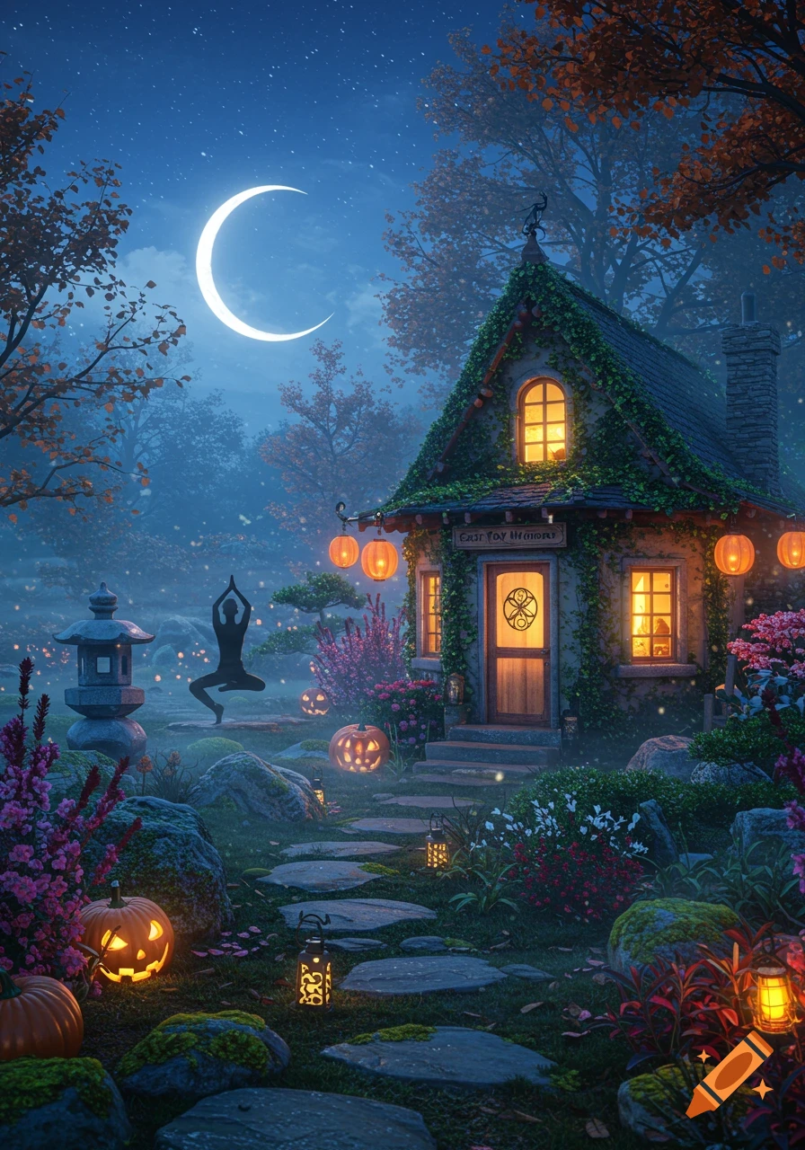 A whimsical cottage at night under a crescent moon, surrounded by a garden with glowing pumpkins, lanterns, and a yoga silhouette.