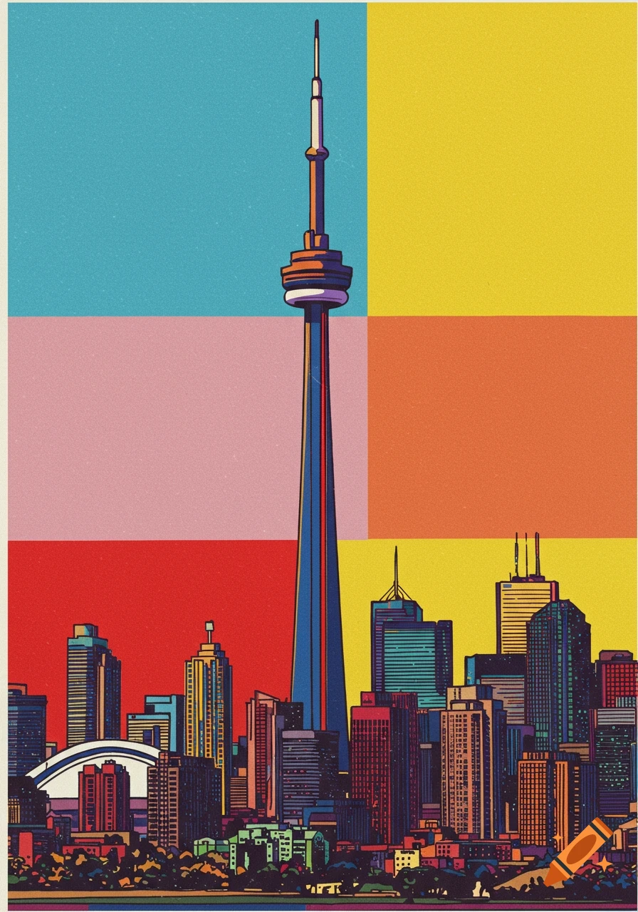 Colorful pop art illustration of the Toronto skyline with the CN Tower against a striped background.