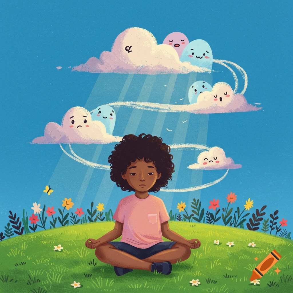 Vibrant illustration of a child meditating on a grassy hill with flowers under a blue sky, with personified emotional clouds floating above.