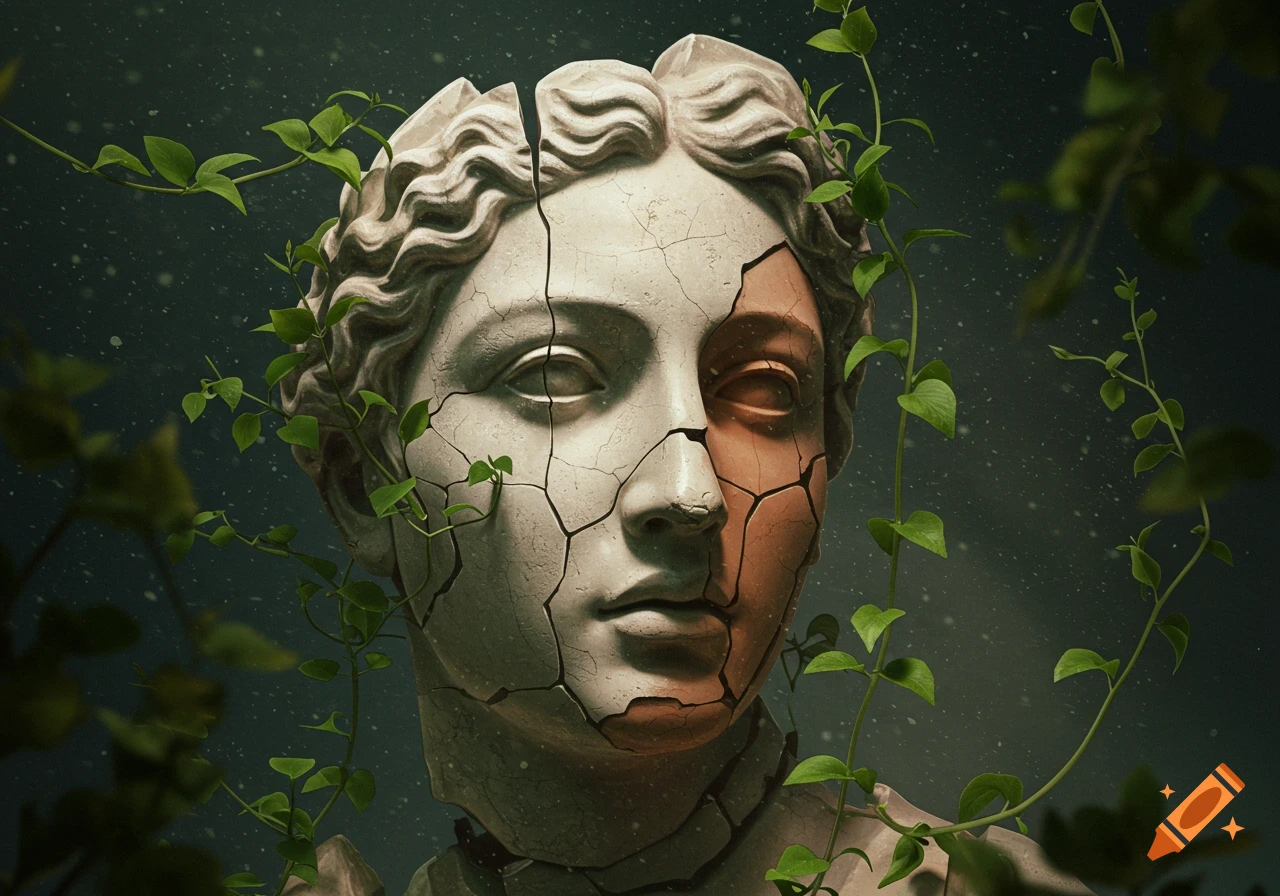 A cracked white marble statue bust revealing a human face underneath, intertwined with green vines against a dark background.