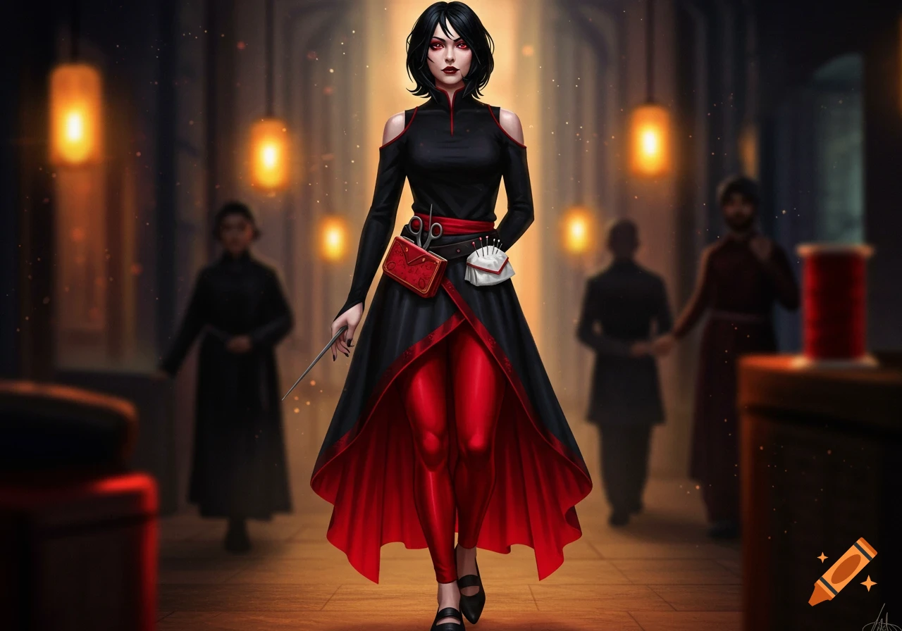 A woman with black hair and red eyes, wearing a black and red outfit with a sewing kit, stands in a dimly lit hallway.