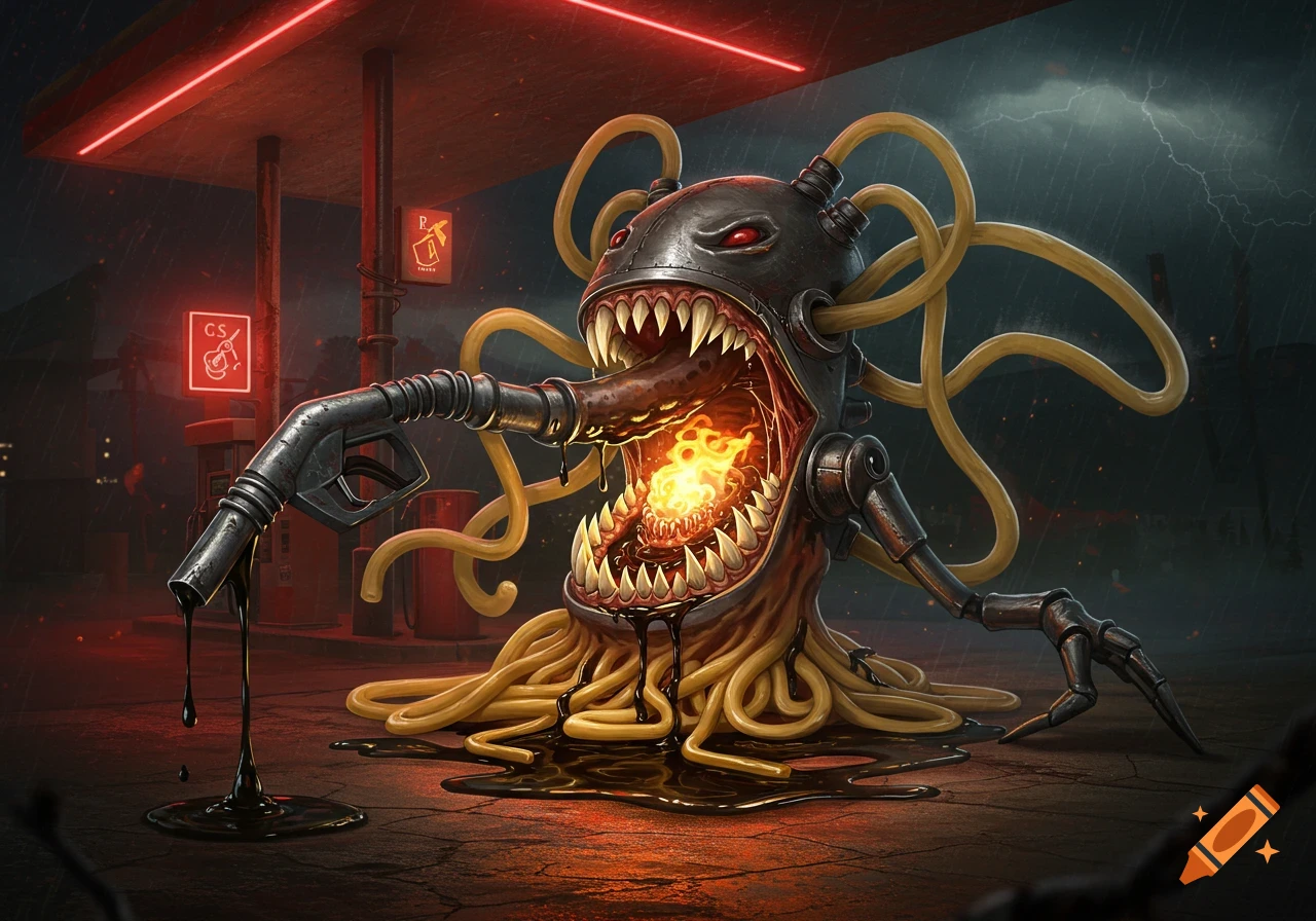 A monstrous gasoline pump and pasta entity with sharp teeth and glowing fire in its mouth, standing at a dark, rainy gas station.
