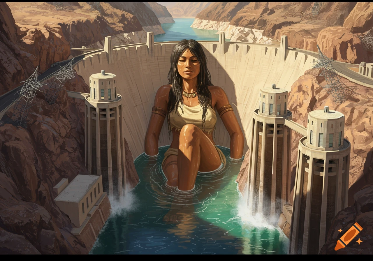 A giant woman resembling Chel from Road to El Dorado sits in the water at the base of the Hoover Dam, a detailed illustration.
