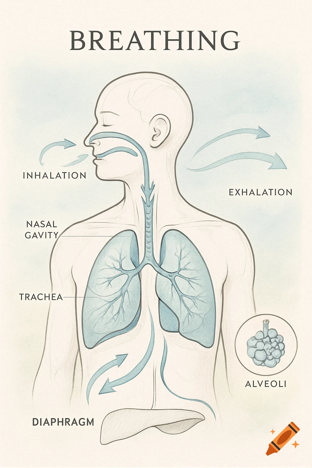Scientific diagram of human breathing, showing inhalation and exhalation, and labeled parts like lungs, trachea, and diaphragm.