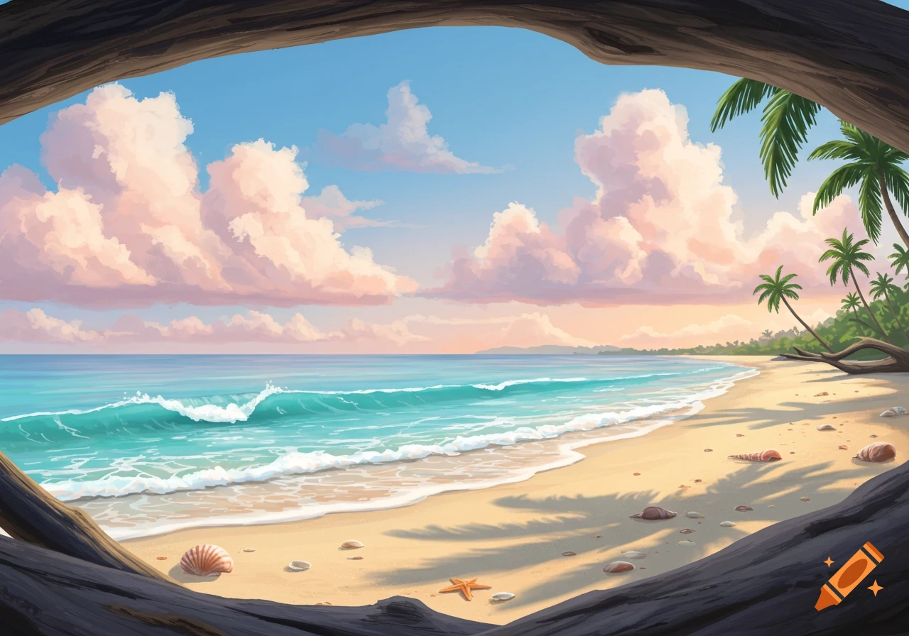 A vibrant cartoon-style beach scene with turquoise ocean waves, a sandy shore with shells, and palm trees under a blue sky with pink clouds, framed by dark driftwood.