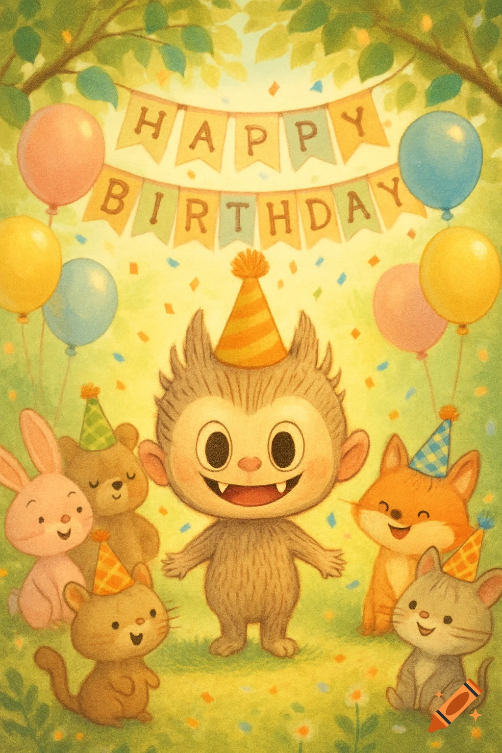 A whimsical illustration of a monster-like creature and cute animals in party hats with a 'Happy Birthday' banner, balloons, and confetti.