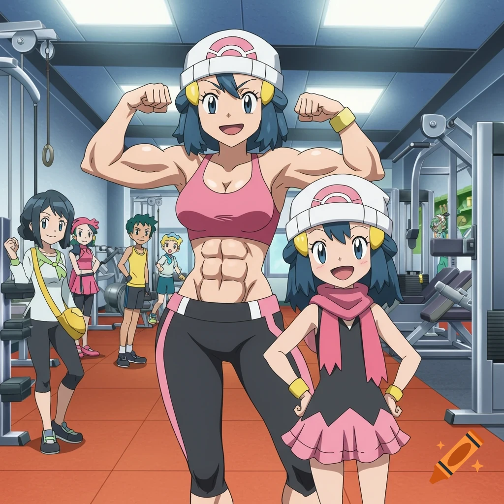 An anime image of a muscular adult woman flexing at a gym next to a younger girl, with other characters in the background.