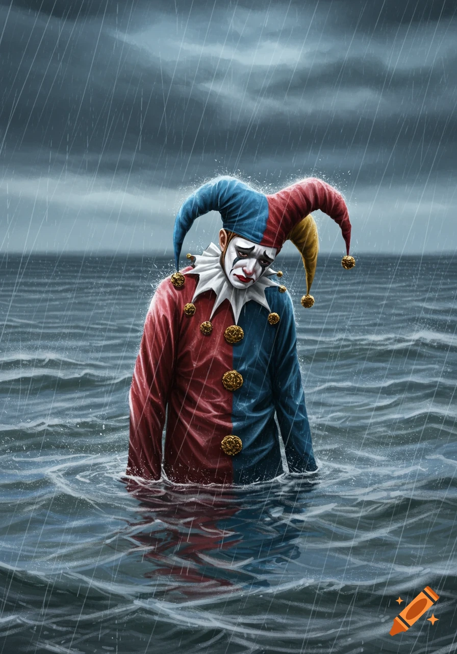 A sad jester in a red and blue costume with bells stands waist-deep in water under heavy rain, looking downcast.