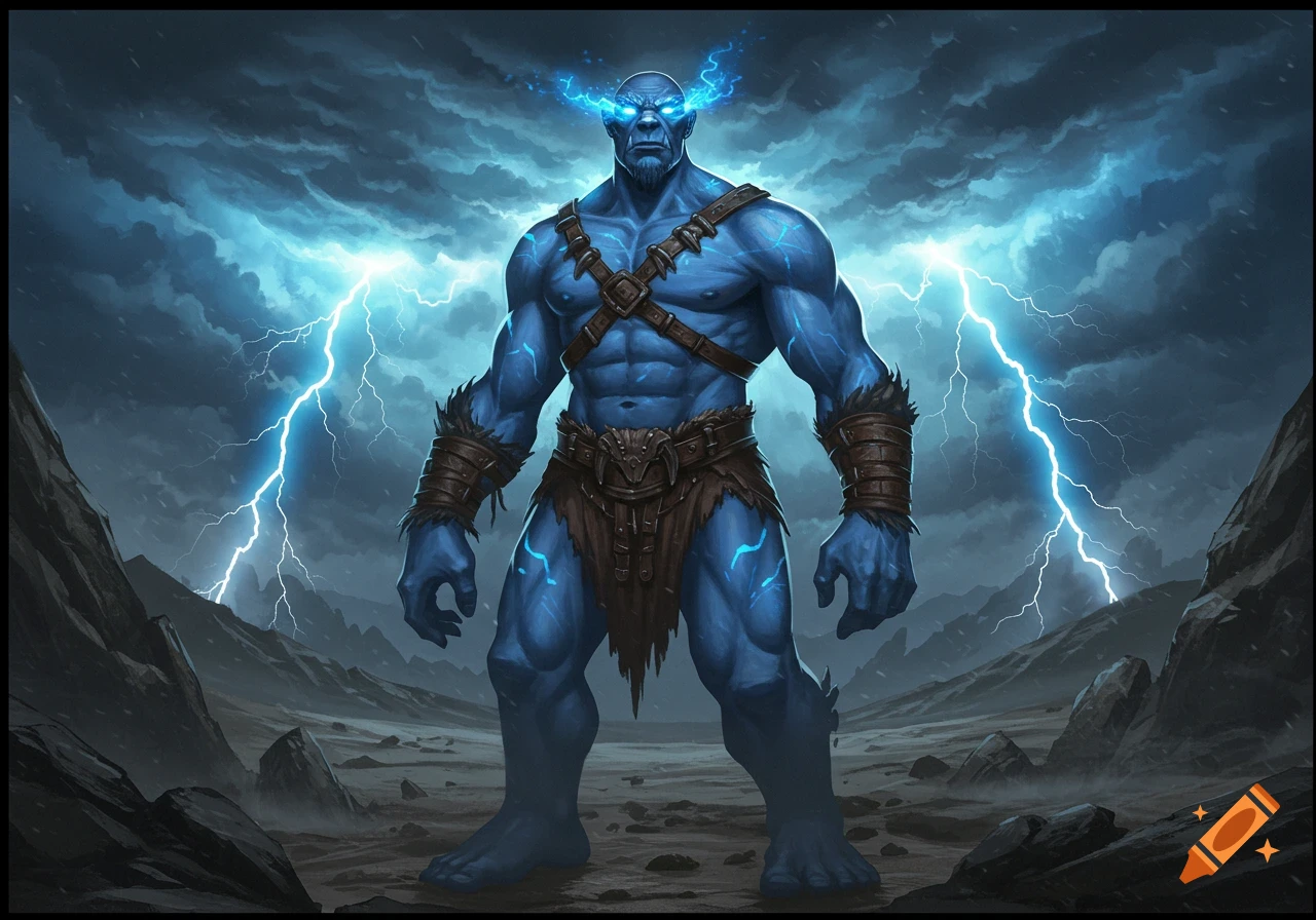 A blue-skinned goliath with glowing eyes and electrical patterns stands in a rocky, stormy landscape with lightning striking around him.