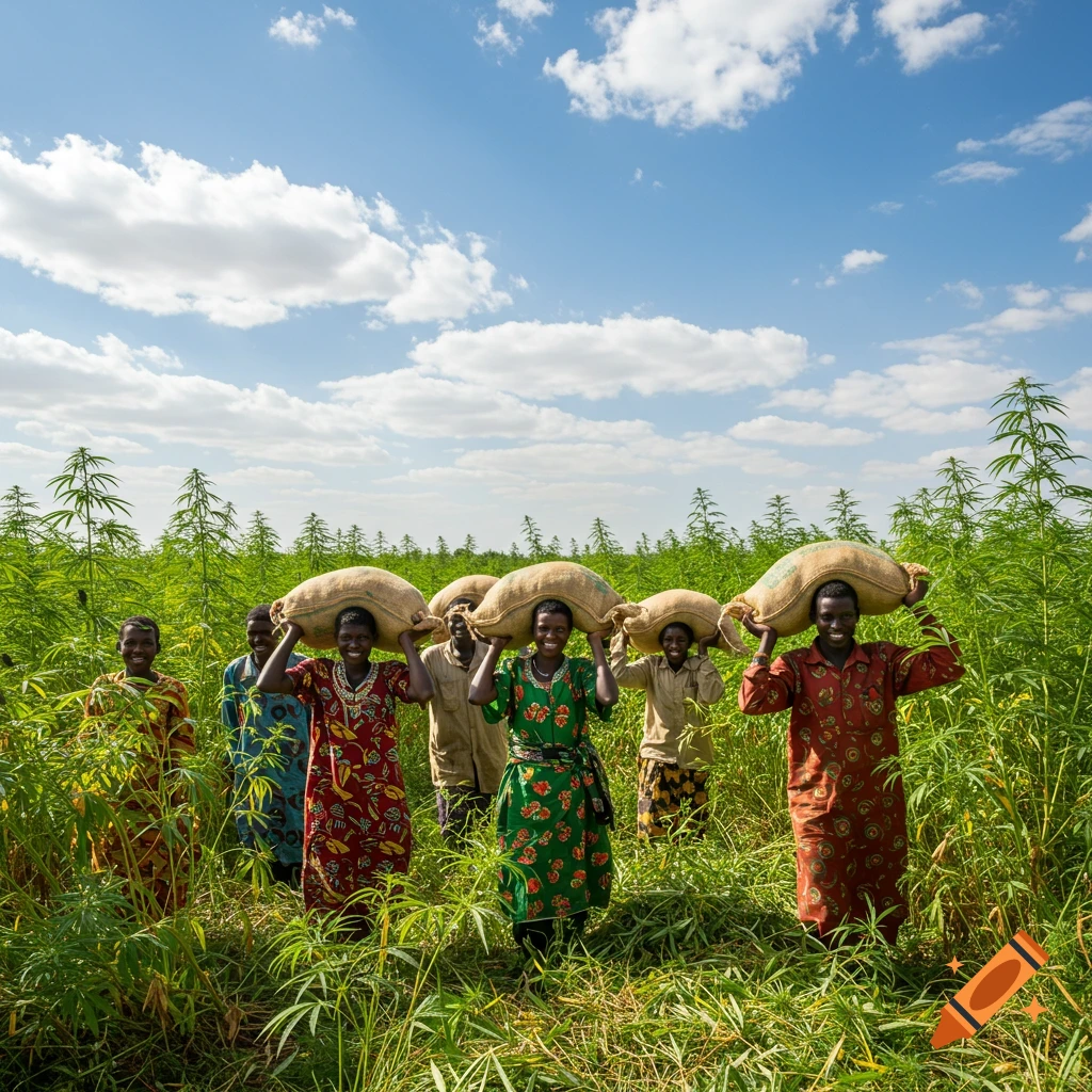 Sudanese people smiling while carrying sacks on their heads in a vibrant field of tall hemp plants under a blue sky.