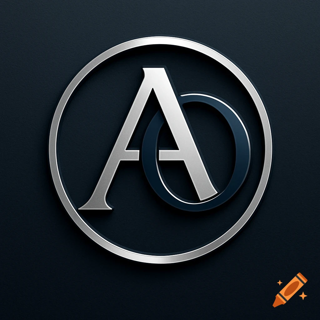 A silver metallic logo with the letters A and O intertwined within a circular border on a dark background.