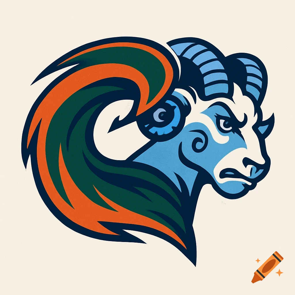 A stylized logo of a ram's head with orange and green horns, and a blue and white face, on a cream background.