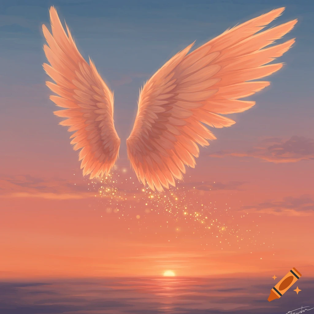 A pair of glowing peach-colored wings hover over a calm ocean at sunset, leaving trails of golden sparkling dust.
