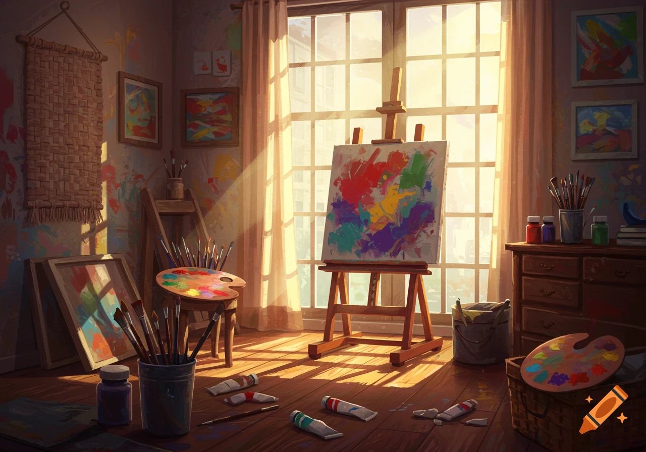 A sunlit art studio with an easel holding a colorful abstract painting, surrounded by brushes, paints, and other artistic supplies.