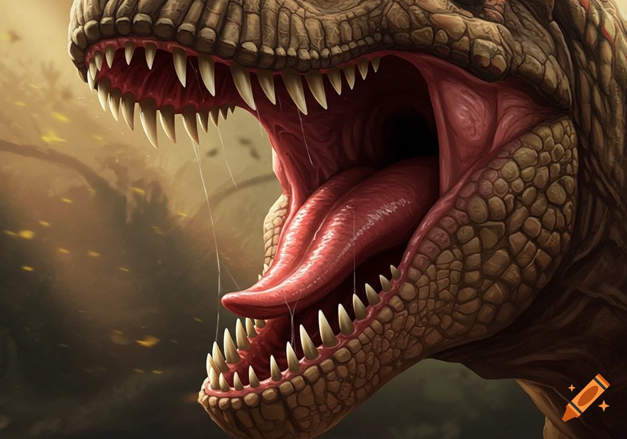 Close-up of a Tyrannosaurus Rex's open mouth, showing sharp teeth, a large tongue, and dripping saliva in a detailed, realistic style.
