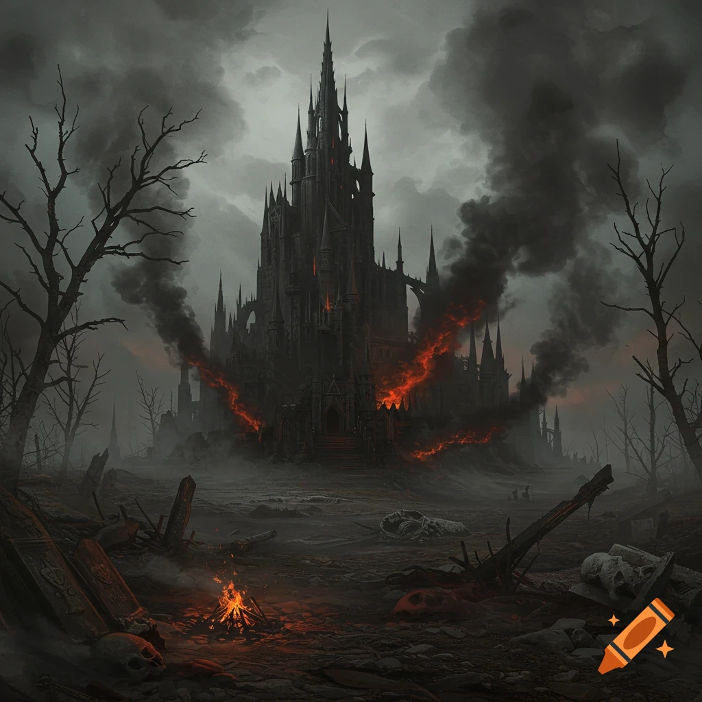 A dark, gothic castle engulfed in smoke and glowing red fire, standing amidst desolate ruins with bare trees and scattered bones under a stormy sky.