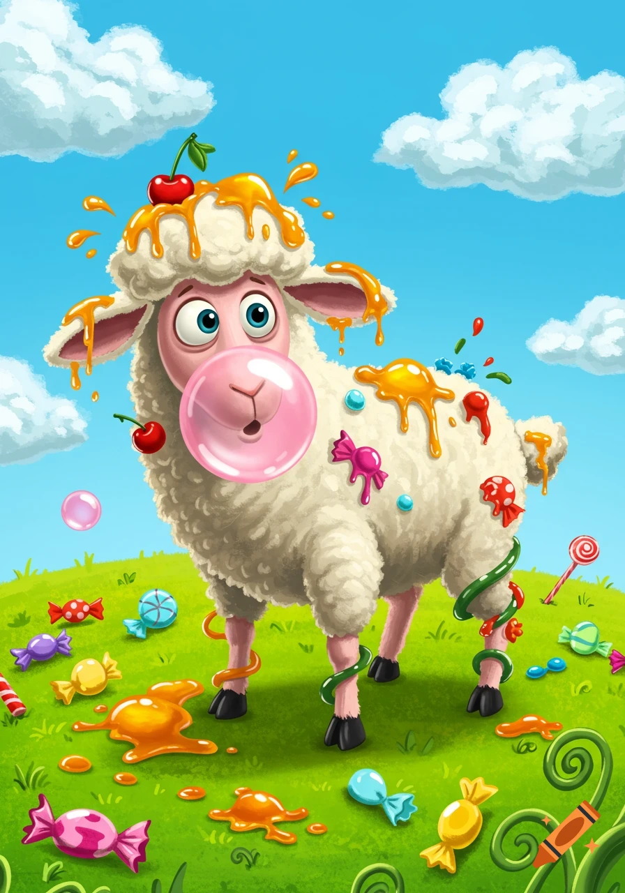A cute cartoon lamb, sticky with syrup and candies, blows a pink bubble gum bubble on a green hill under a blue sky.