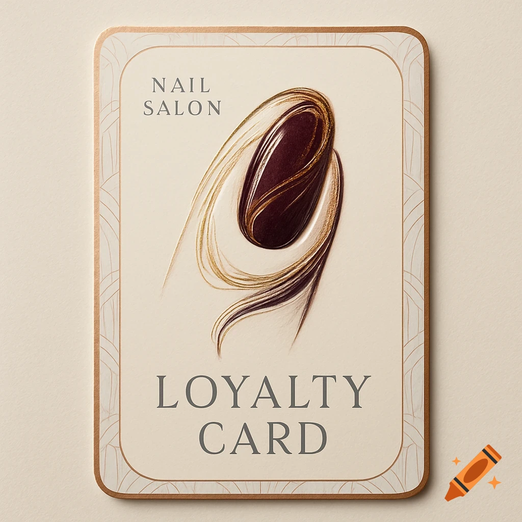 A vertical cream-colored loyalty card with art deco borders, featuring a stylized nail with dark brown polish and elegant golden and dark swirls. Text reads 'NAIL SALON' and 'LOYALTY CARD'.