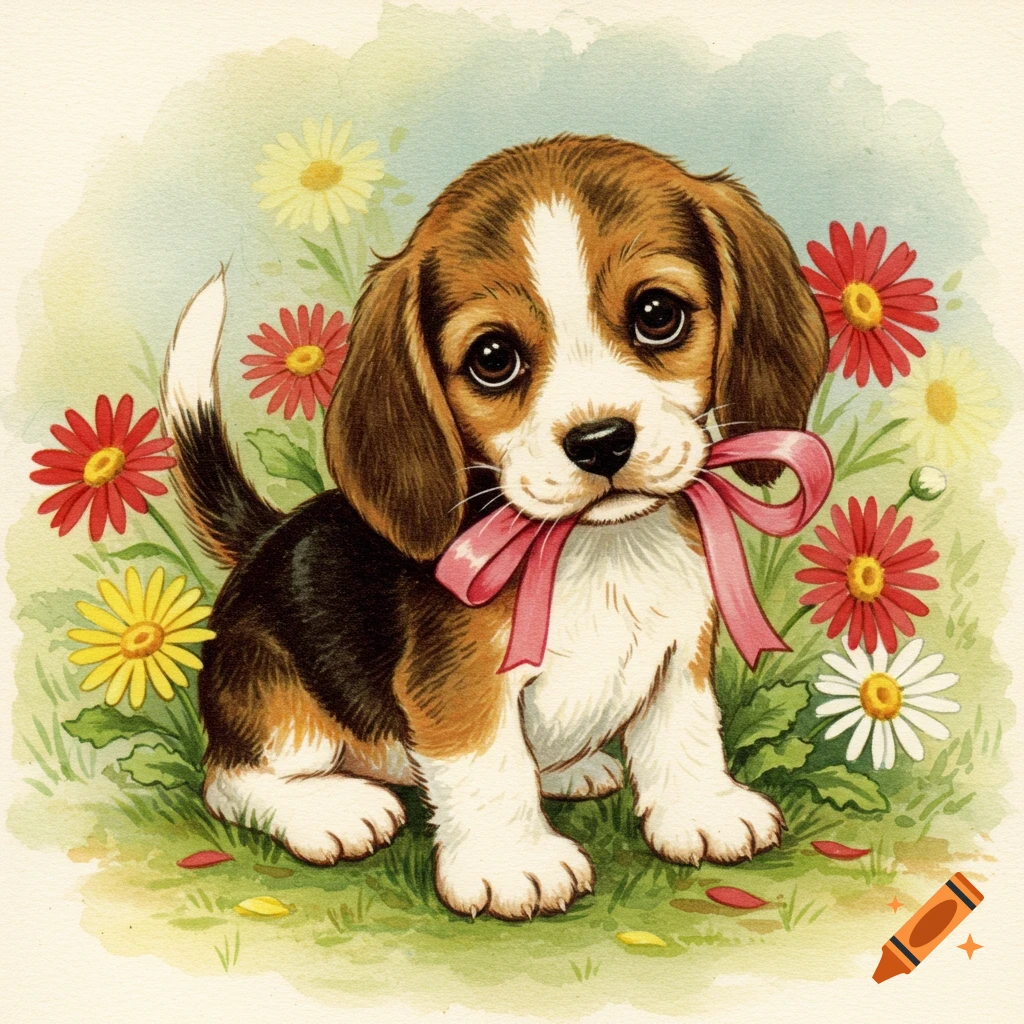 A cute beagle puppy with big eyes holds a pink ribbon in its mouth, surrounded by colorful daisies in a watercolor vintage card style.