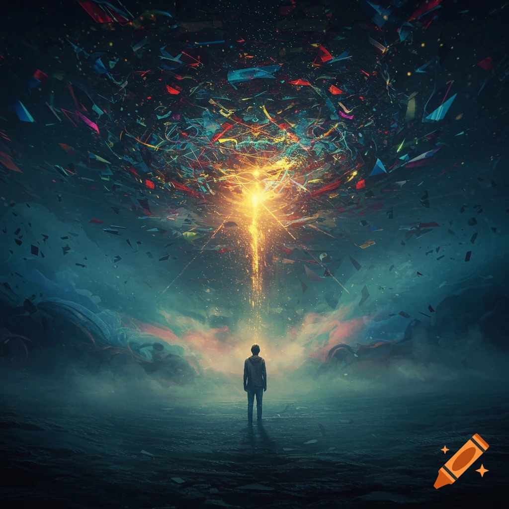 A lone figure in a dark, misty landscape looks up at a bright, chaotic explosion of colorful abstract shapes in the sky.