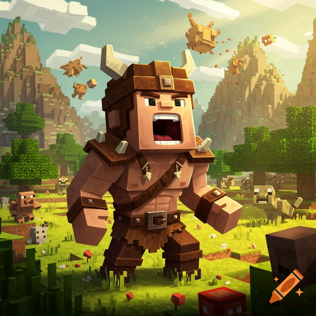 A yelling blocky barbarian with a horned helmet stands in a Minecraft-like landscape with mountains and small creatures.