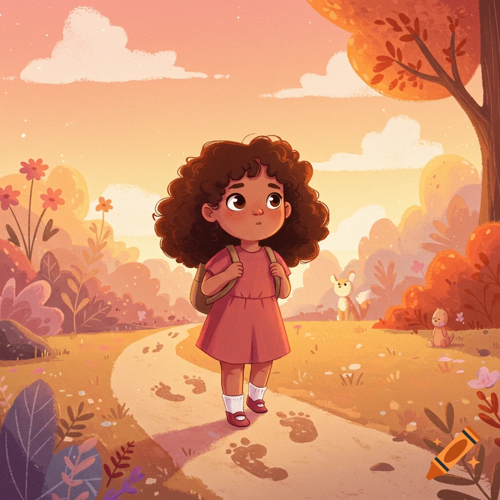 Cartoon drawing of a biracial girl with curly hair and backpack walking on a path with footprints in an autumn forest at sunset.