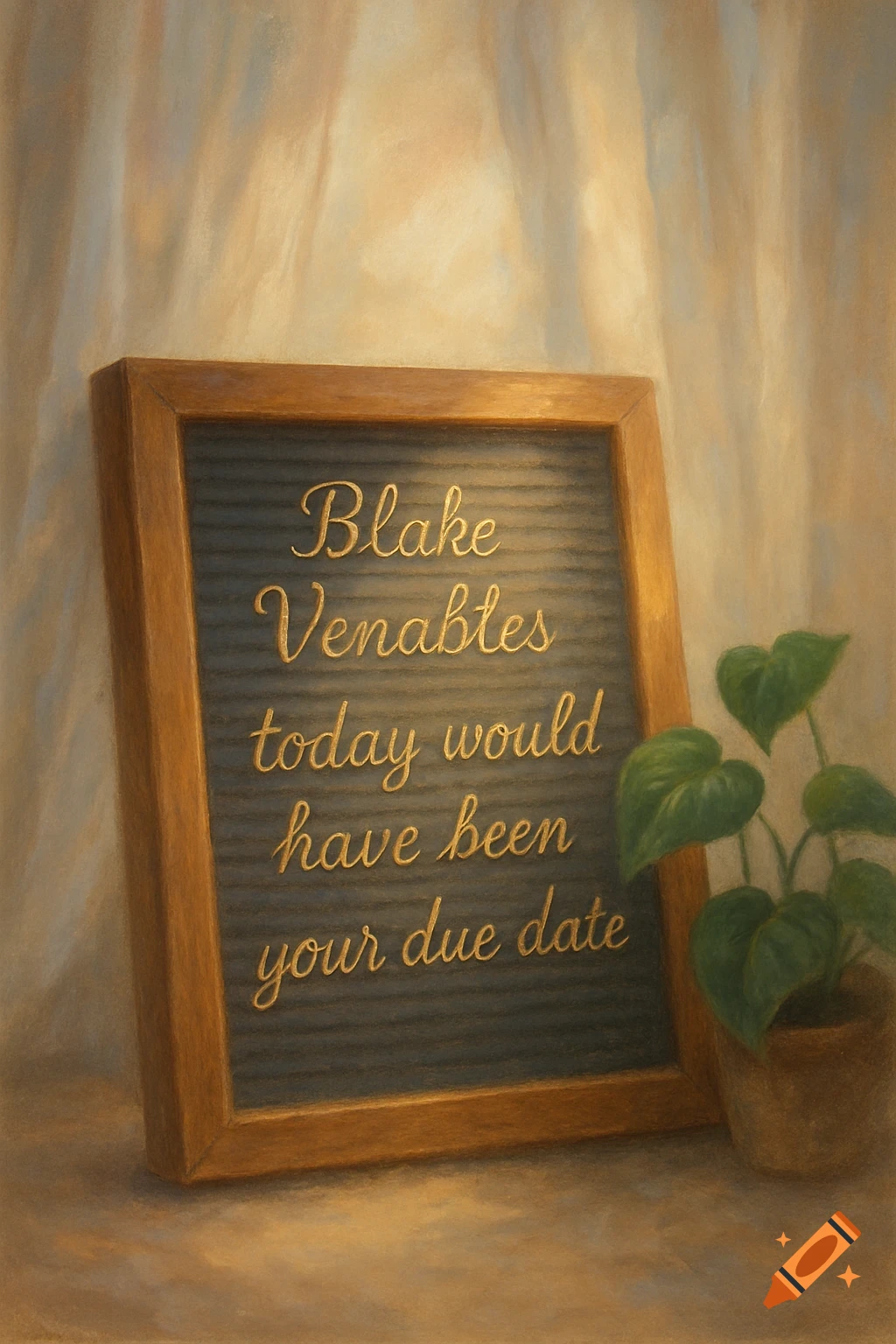 A painterly image of a wooden-framed letter board displaying gold cursive text 'Blake Venables today would have been your due date' next to a small potted plant.