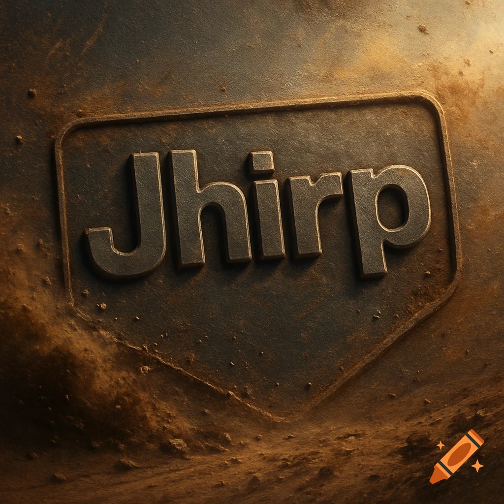 Embossed metallic 'Jhirp' logo on a dark, textured, rusty background.