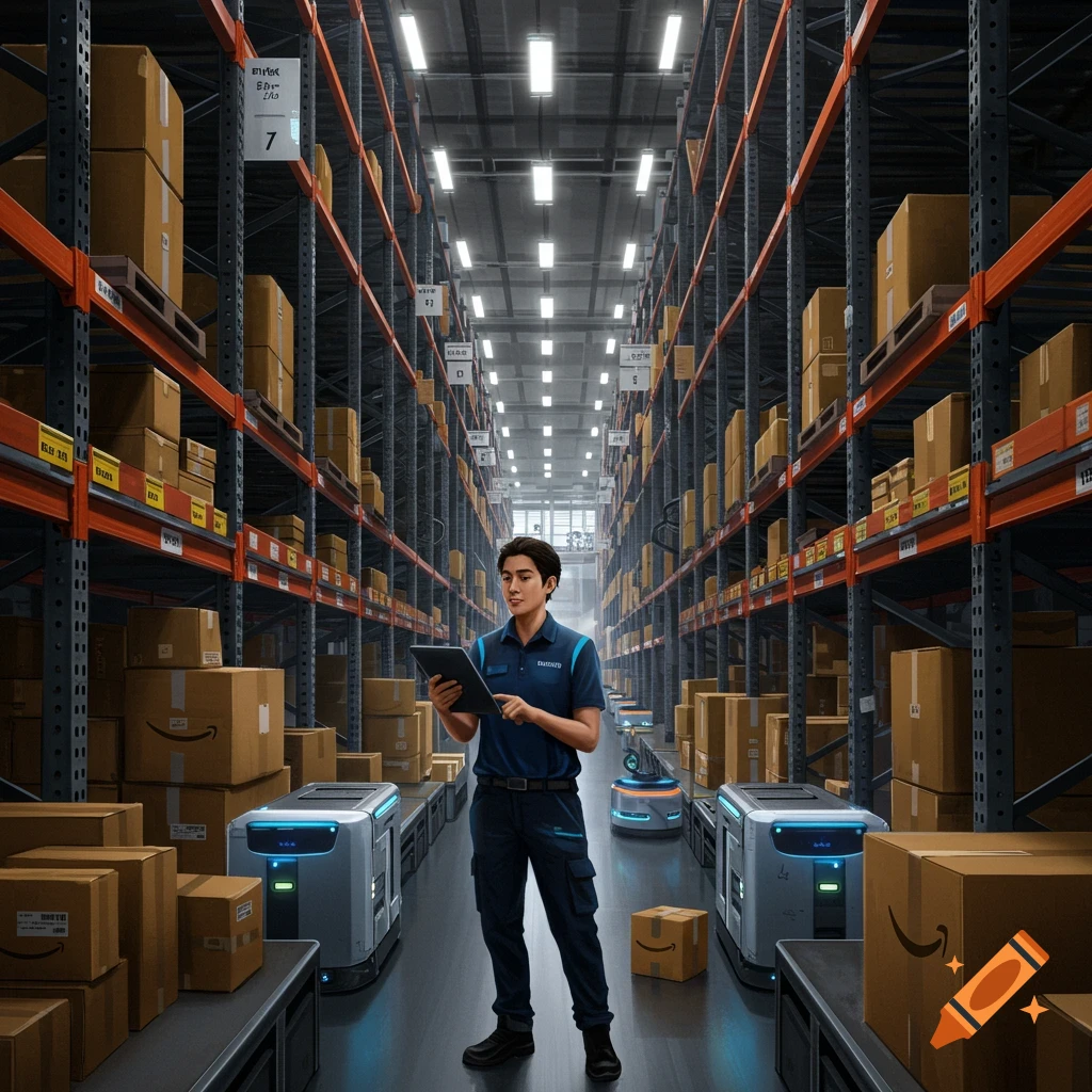 A male employee in a warehouse, holding a tablet, with shelves full of boxes and autonomous robots.