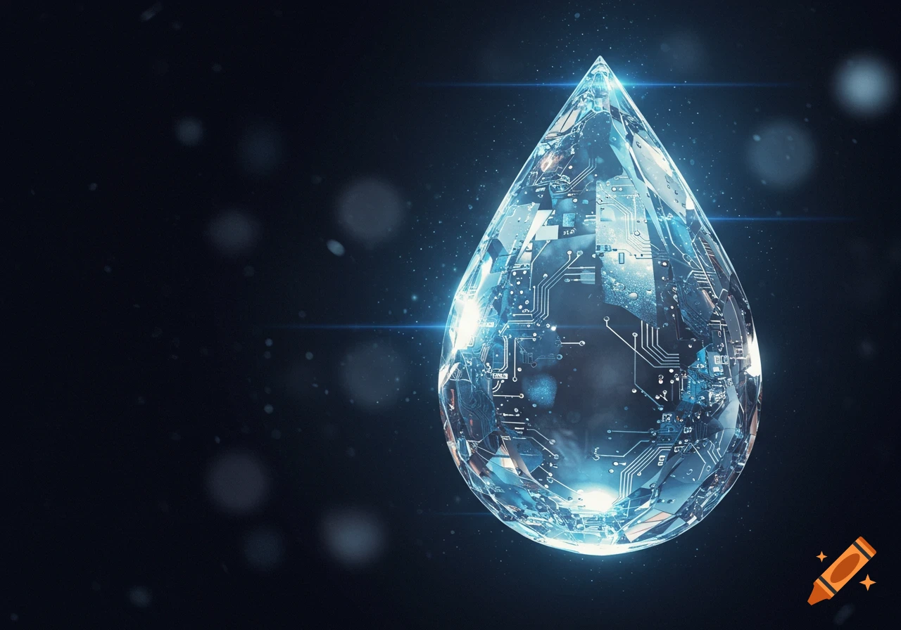 A glowing, faceted teardrop-shaped crystal with internal circuit board patterns against a dark, starry background.