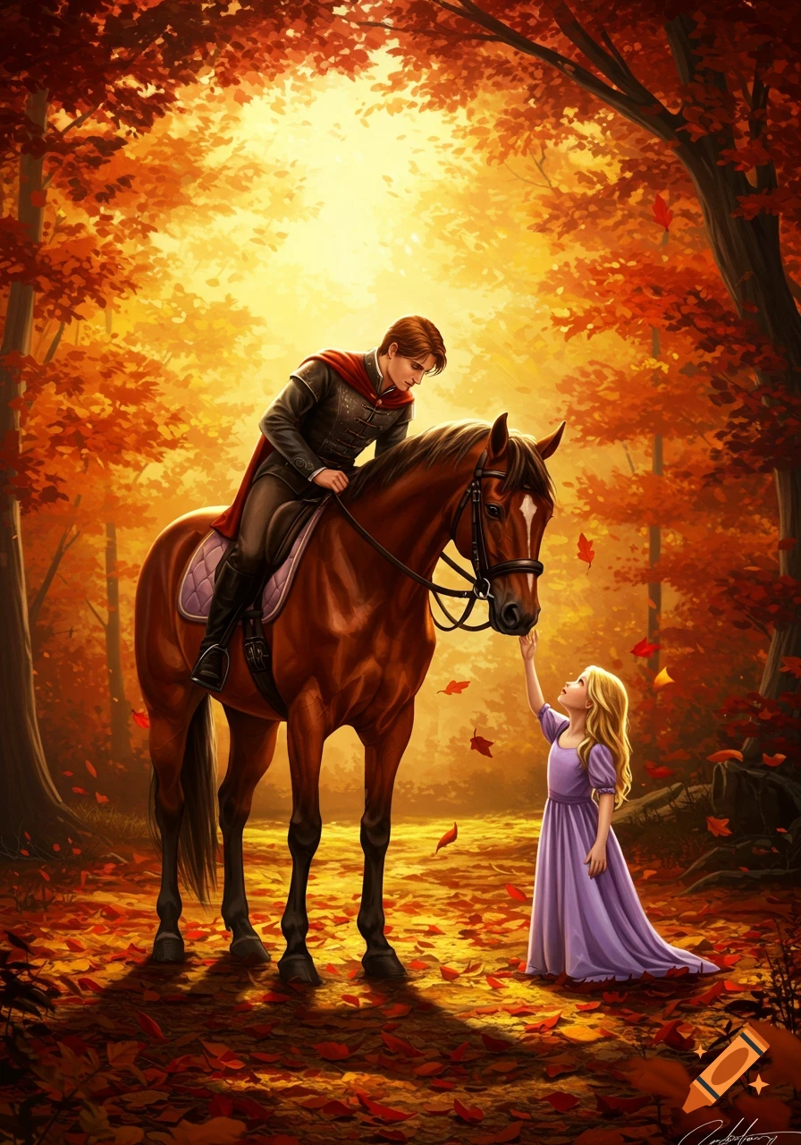 A man on a brown horse looks down at a young girl in a purple dress who is reaching up to the horse's muzzle in a vibrant autumn forest with golden light.