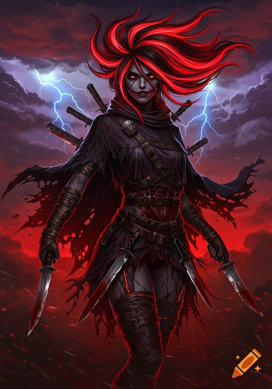 A menacing female character with glowing red eyes, black and red hair, and a torn cloak stained with blood, holding knives in a storm.