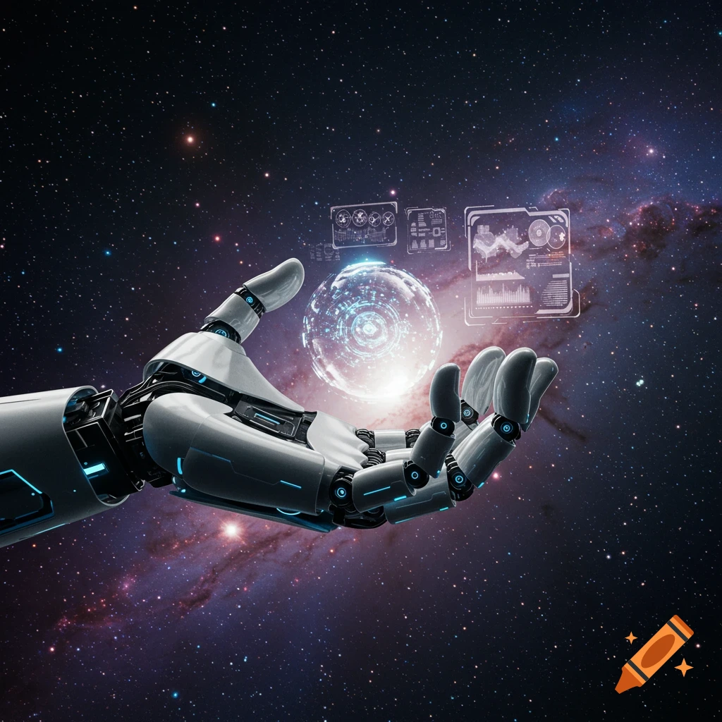 A close-up of a futuristic white and blue robot hand holding a glowing sphere surrounded by holographic interfaces, set against a backdrop of a starry galaxy.