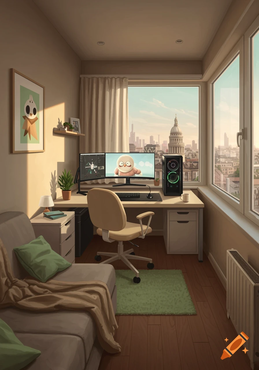 A cozy illustration of a small room with a PC setup, desk, and sofa, featuring a large window with a city view and a prominent dome building.